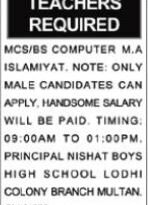 Latest Nishat Boys High School Education Jobs Multan 2024